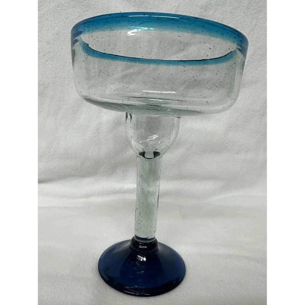 Mexican Margarita Glass Turquoise Blue Rim Navy Base 7.5